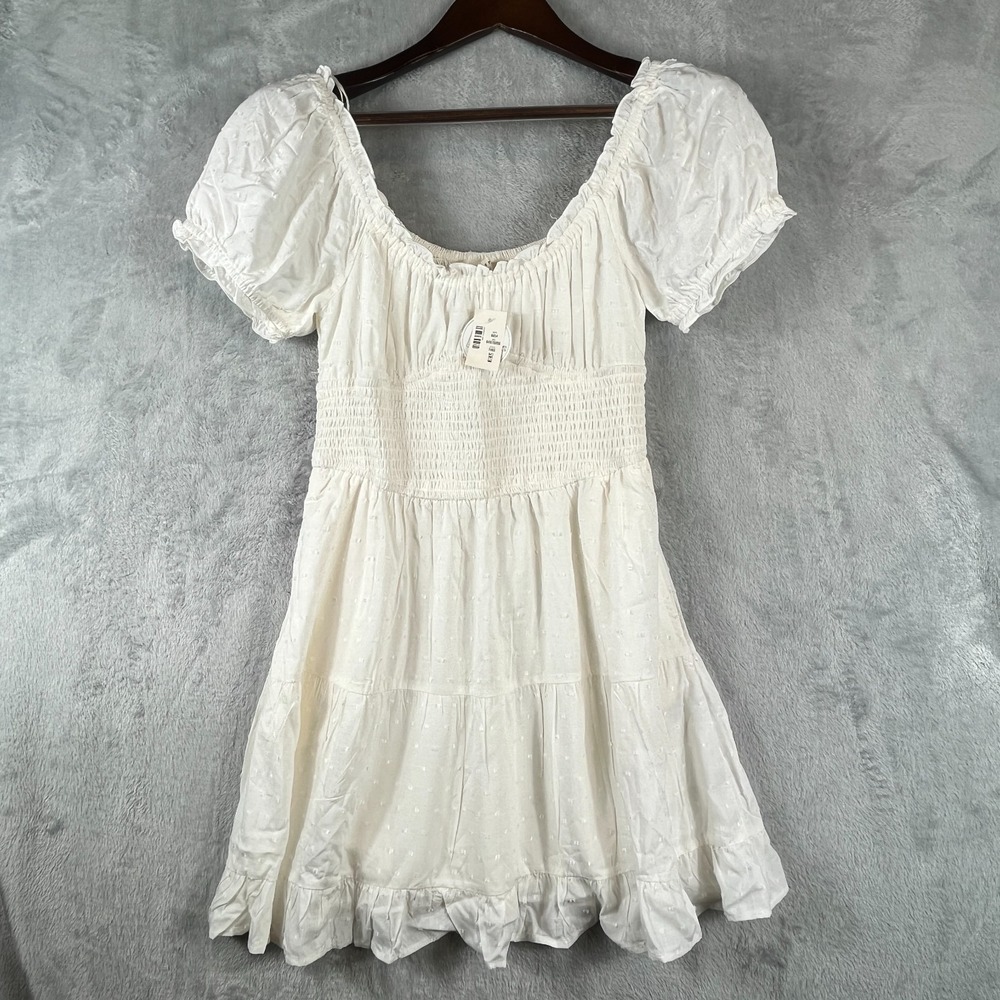 Aeropostale M Smocked Puff Sleeve Mini Dress Built In Shorts White NWT Skort